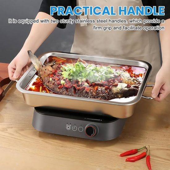 Plat à Rôtir Profond Inox Avec Grille - Poêle Four Viande Légumes 42x32x6.5cm - Poli Miroir Facile à Nettoyer