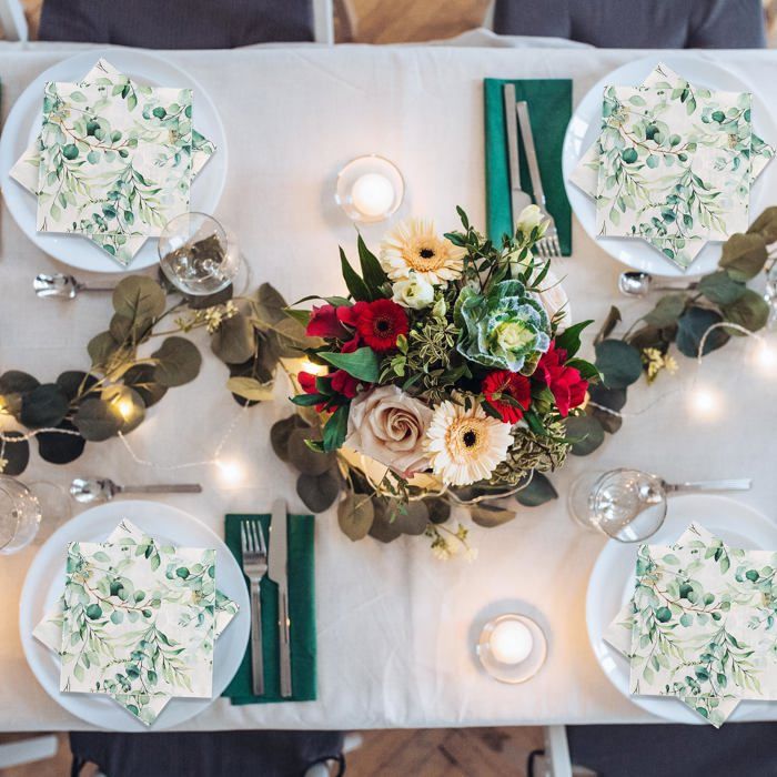 100 Serviettes Papier Eucalyptus Vert Sauge 33x33 Cm - Thème Vintage Mariage Anniversaire Garden Party