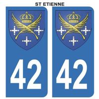 Autocollant Stickers plaque immatriculation voiture auto 42 Bleu Blason Ville St Etienne Lot de 2