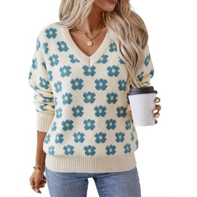 Pull Lucia Motif Fleur Rouge - Taille 44 - Manches Longues - Occasion Très Bon état