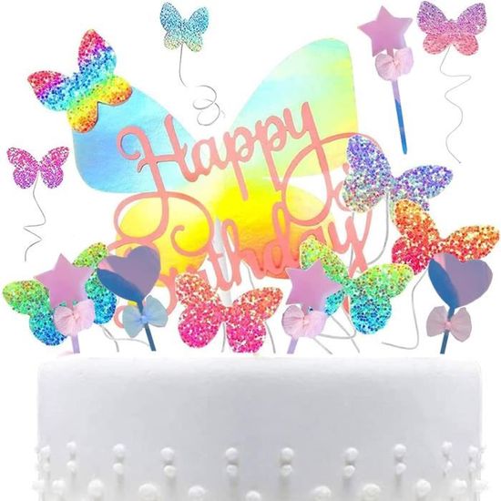 Happy Birthday Cake Topper Anniversaire, Or Decoration Gateau Joyeux  Anniversaire avec Rose Violet Papillon Gâteau Cupcake Topper, Paillettes  Topper