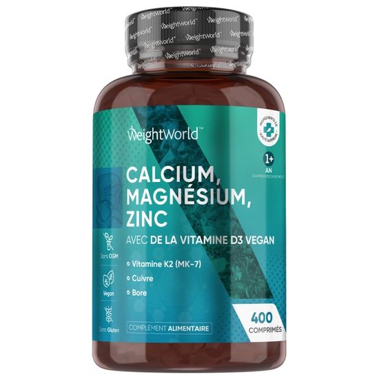 Calcium, Magnésium, Zinc, Vitamine D3 400 Comprimés Vegan