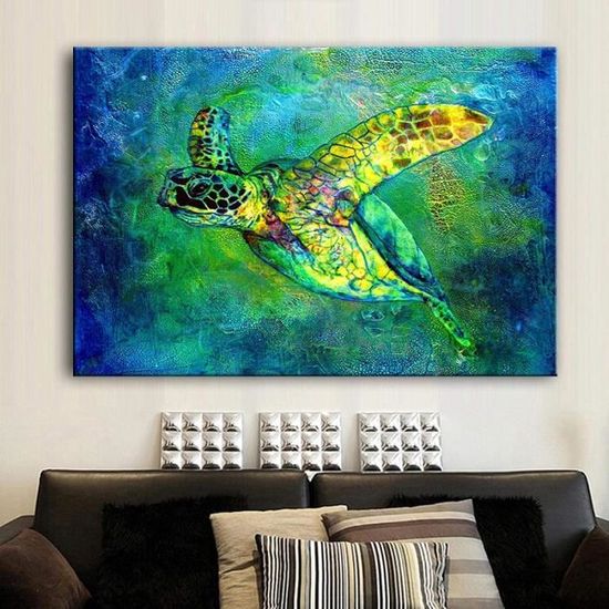 Poster Mural Géant UV Réactif - Thème Mer Poissons Tortues - Effet 3D Sous Lumière Noire - Taille 36x24 Pouces