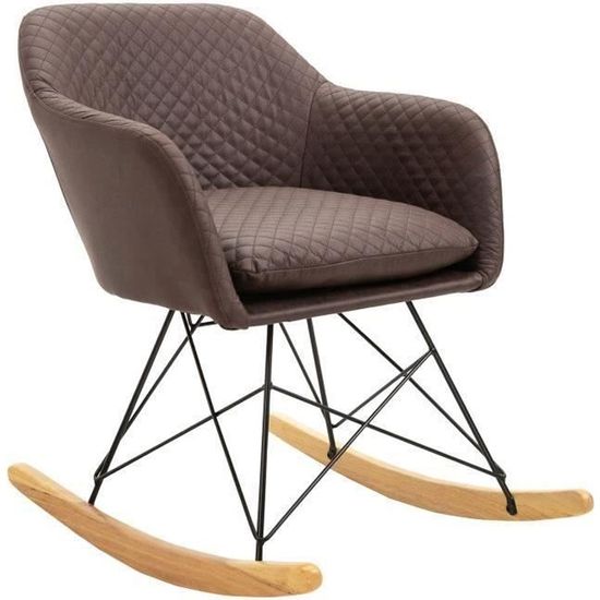 Fauteuil à bascule ADELANO rocking chair relax avec coussin et accoudoirs design scandinave pieds en bois chaise en tissu brun fonc