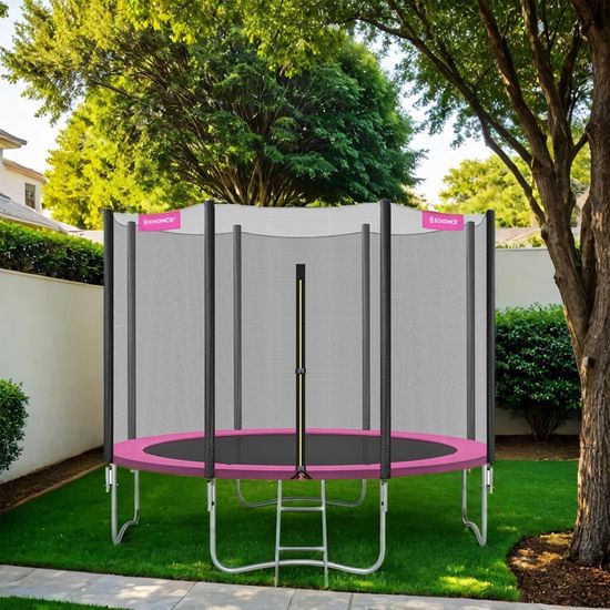Trampoline extérieur enfant diamètre 183 cm, filet de protection externe, coussins de sécurité, échelle, poteau droit de 180 cm de haut, cadre en acier, noir et rose