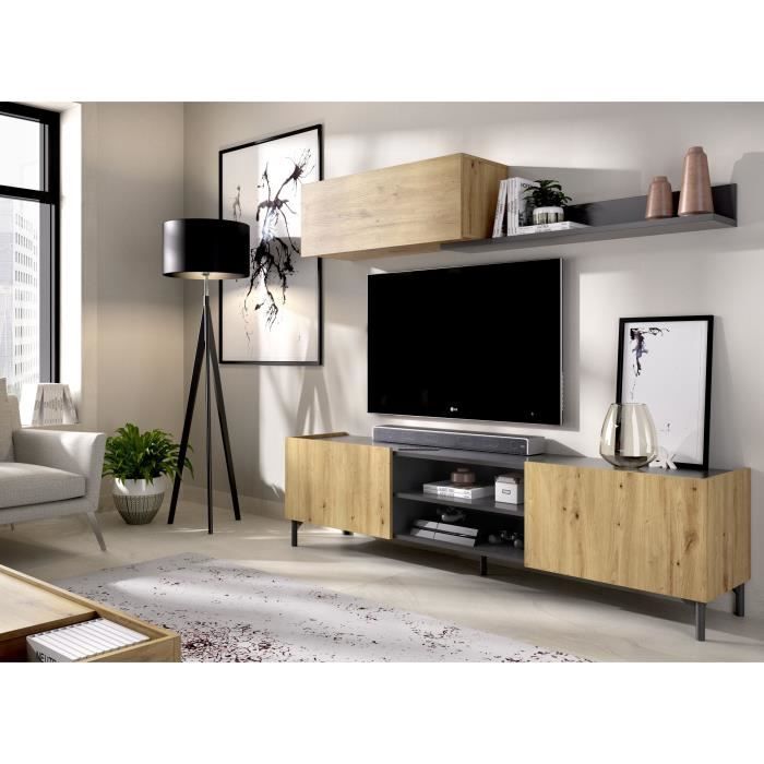 Meuble TV avec étagère murale - Décor chêne Artisan et graphite - L 180 x P 35