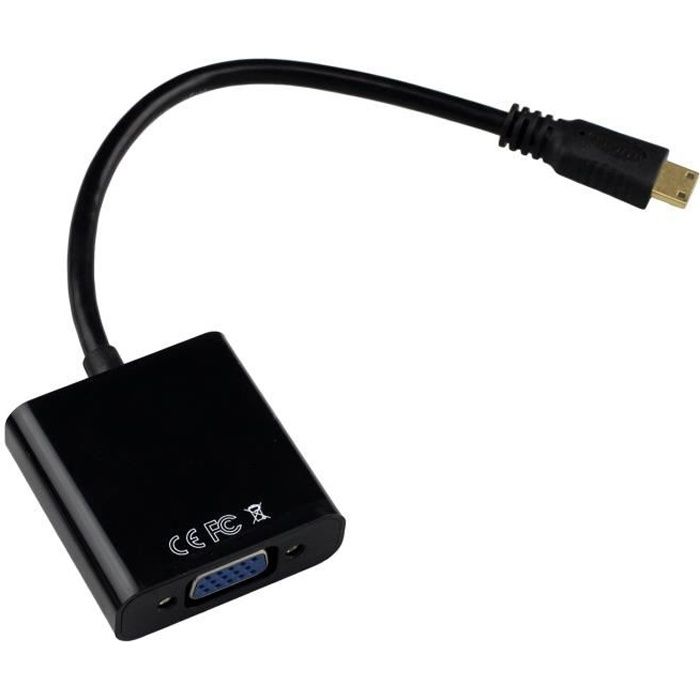 Tera Câble Adaptateur 1080P Mini HDMI mâle vers VGA femelle pour ordinateur, tablette, MP4 et moniteur CRT/LED (Noir)
