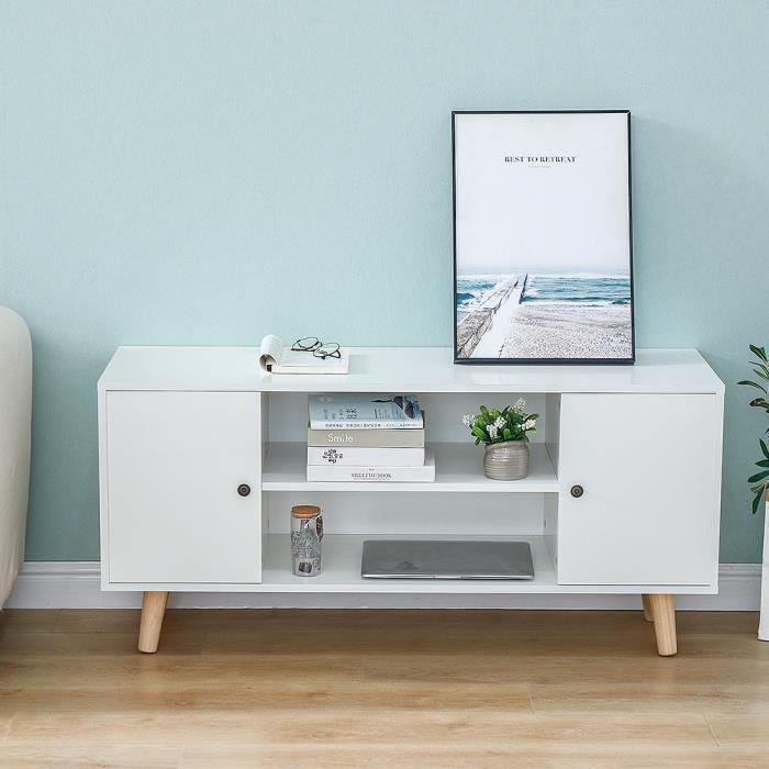 Meuble TV scandinave blanc + pieds en bois massif - 2 portes + étagère - 116 * 40 * 55 CM Shenglimeii