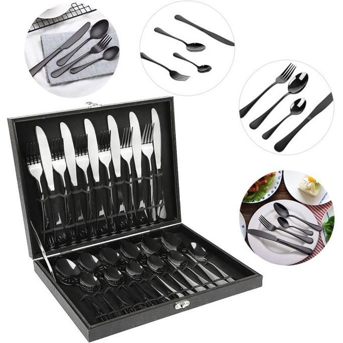 Set de Couverts Noir pour 6 Personnes, 24 Pièces – Ménagère avec présente de et Couverts de Service en Acier Inoxydable