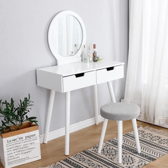 WISS Coiffeuse avec Miroir rond 2 Tiroir et tabouret 80 x 40 x 128 cm (L x l x h)