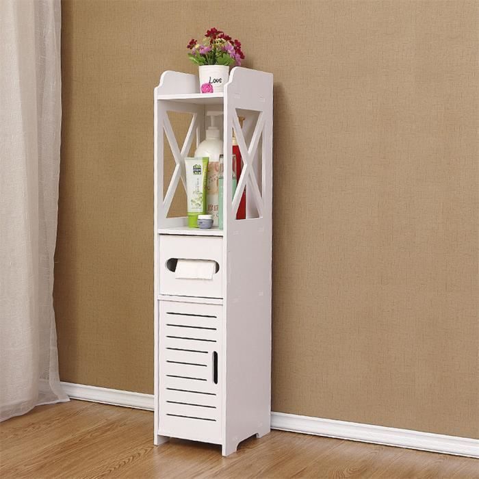80*15.5*15.5CM Armoire Étagère de Rangement en Bois Pour Salle de Bains Meuble de Toilette Grille de Stockage - Blanc