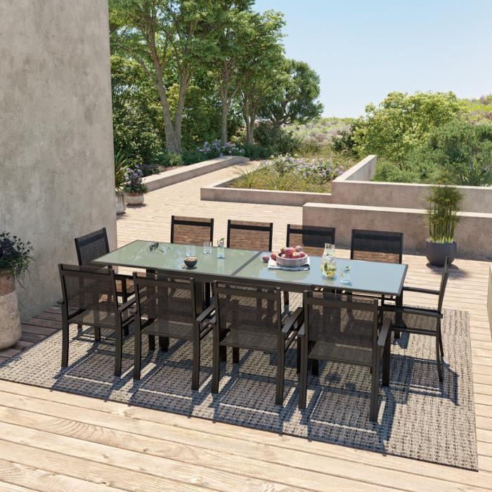 Table de jardin extensible aluminium 140/280cm + 10 fauteuils textilène Noir - HARA XL
