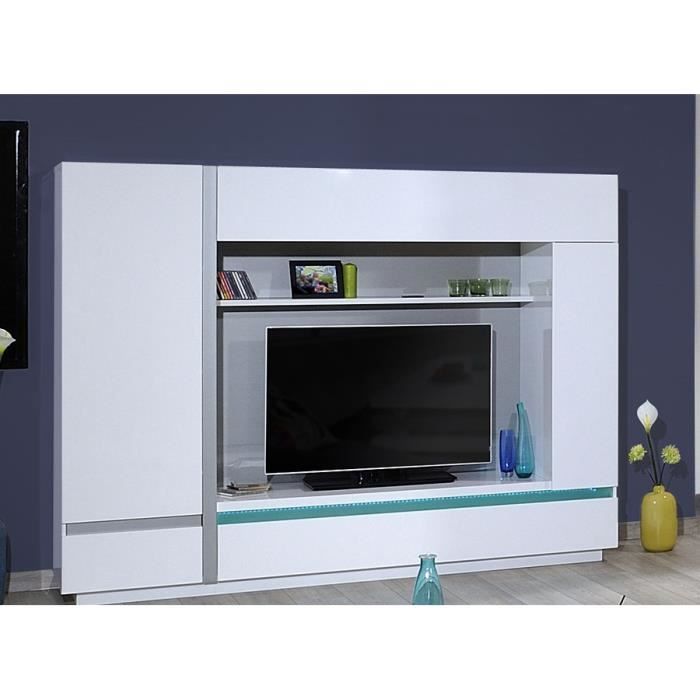 Ensemble meuble TV lumineux blanc laqué et inox brossé design DARLYNE L 220 x P 50 x H 170 cm Blanc