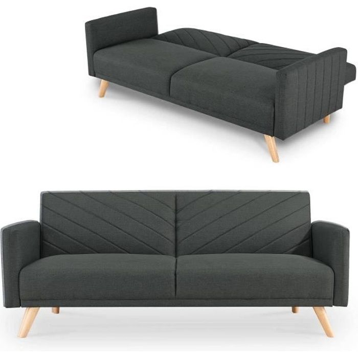 Canapé 3 places convertible scandinave en tissu gris foncé BALDER