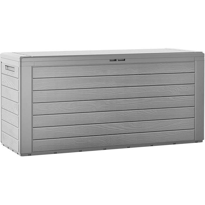 Coffre de rangement -Woody- en plastique gris 120x46x57 cm 300 L malle de stockage pour jardin couvercle pliable dispositif de fer