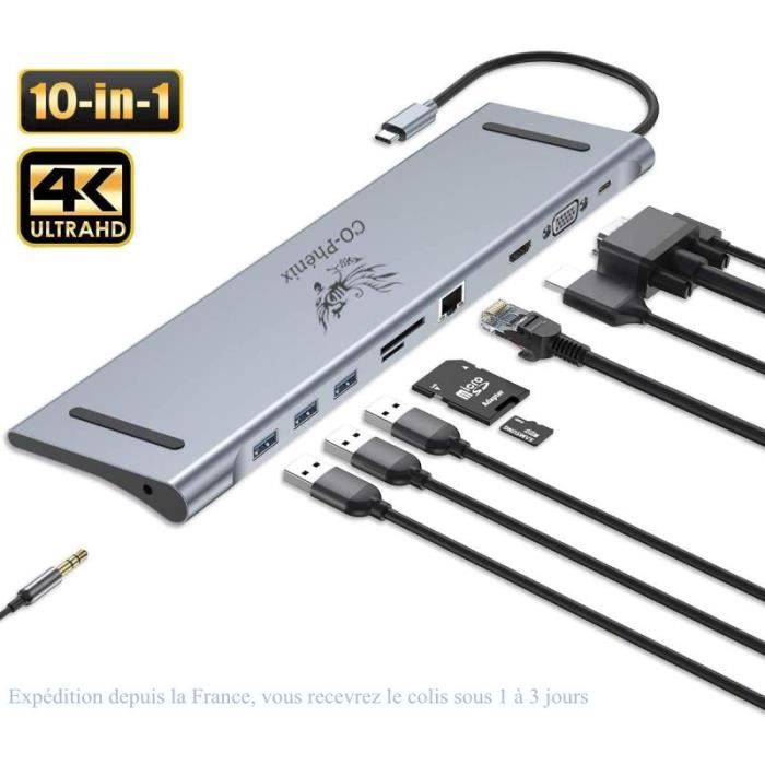 Hub USB C 10 en 1 Station d'accueil Macbook concentrateur en Aluminium avec Gigabit Ethernet HDMI VGA pour MacBook Pro/Air