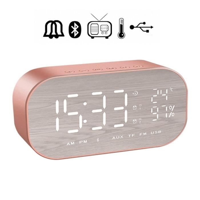 Horloge,Réveil avec Radio FM sans fil Bluetooth, haut parleur, affichage miroir, Support Aux TF, lecteur de - Type Rose Gold