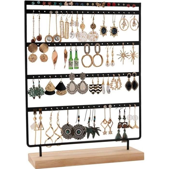 FABLCREW Présentoir à bijoux à quatre niveaux porte-boucles d'oreilles avec base en bois élégant porte-boucles d'oreilles pour boucl