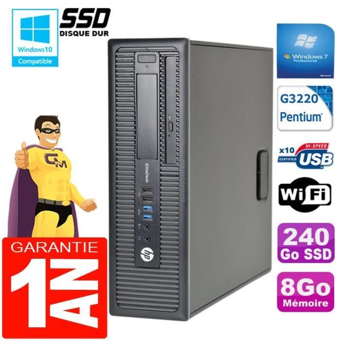 PC HP EliteDesk 800 G1 SFF Intel G3220 8Go Disque 240 Go SSD Graveur DVD Wifi W7