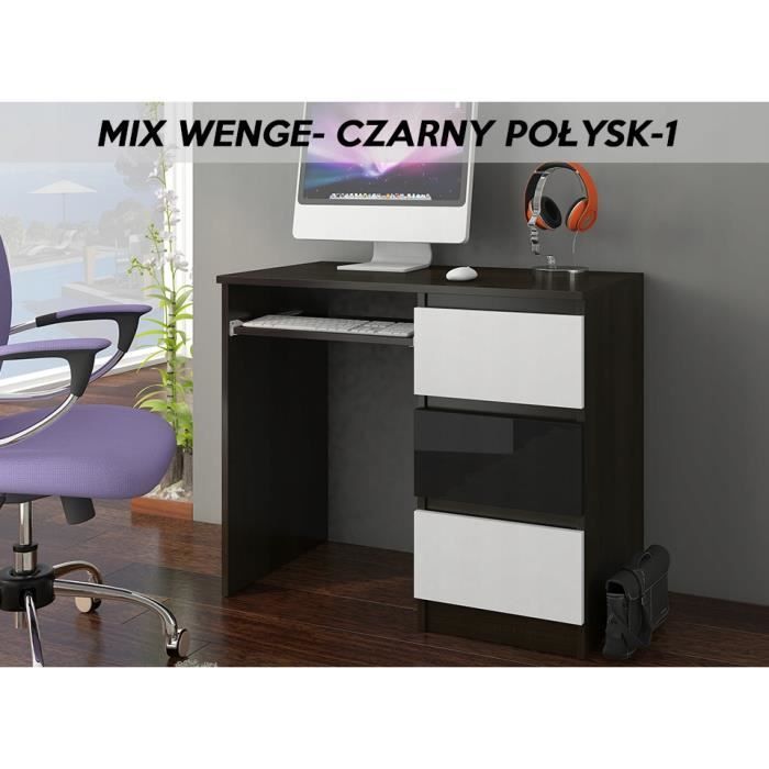YORK 1WR- Bureau moderne d'ordinateur 96x50x76 - Chambre Ado - Support clavier-3 tiroirs - Wengé-Blanc-Noir