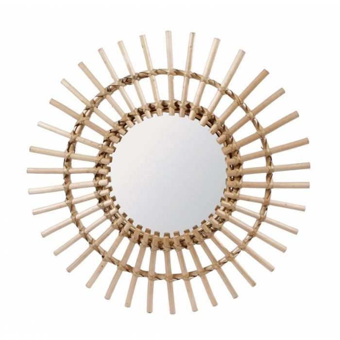 Fantastique Miroir Tendance Glace Décorative Ronde Design Soleil Armature Naturel en Rotin 3x55x55cm Marron