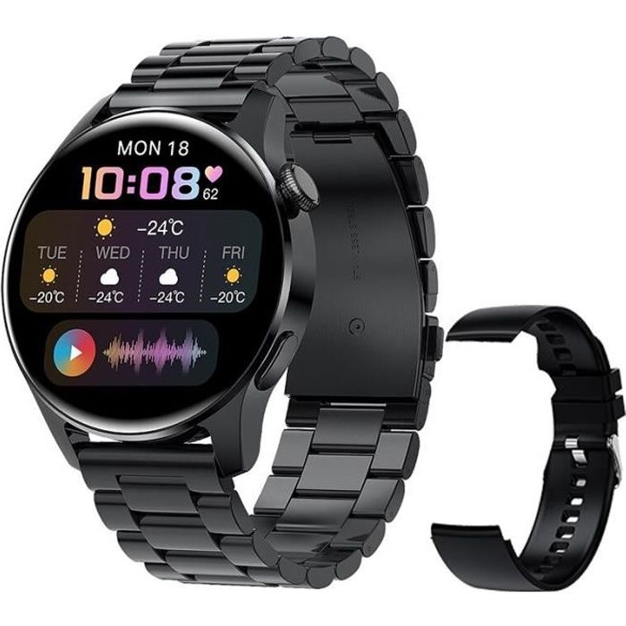 RUMOCOVO Montre Connectée pour hommes, Bluetooth, appel, Sport, Fitness, alarme, rappel ,Ceinture en acier NOIR