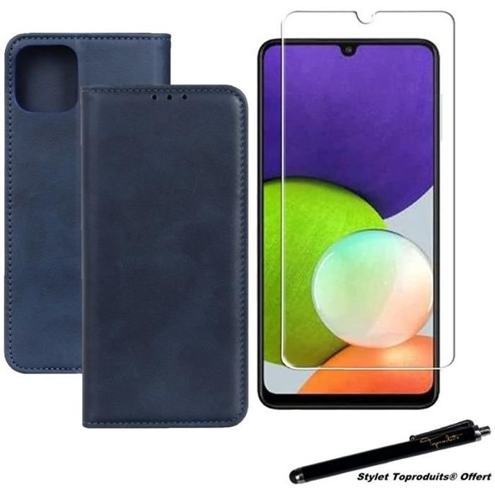 Etui portefeuille bleu pour Samsung Galaxy A22 5G Housse à fermeture magnétique et Verre trempé 2,5D avec Stylet Toproduits®