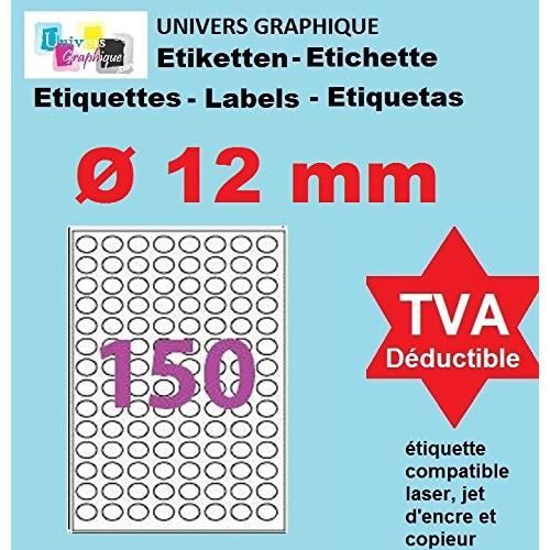 20 Planches de 150 mini étiquette rondes diamètre 12 mm = 3000 étiquettes Ø 12 - Blanc Mat - pour imprimantes Laser et Jet d'encre