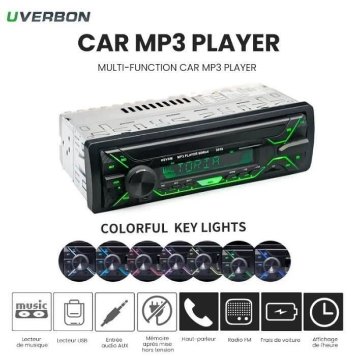 YS21079-UVERBON Autoradio Bluetooth, 7 Couleurs Stéréo FM Radio 60W x 4, Lecteur MP3 Poste Main Libre Voiture Support USB-SD-TF-AU