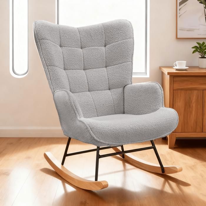Fauteuil à Bascule - EIFSON - Tissu en Sherpa - Pieds en Bois Massif - Style Scandinave - Gris
