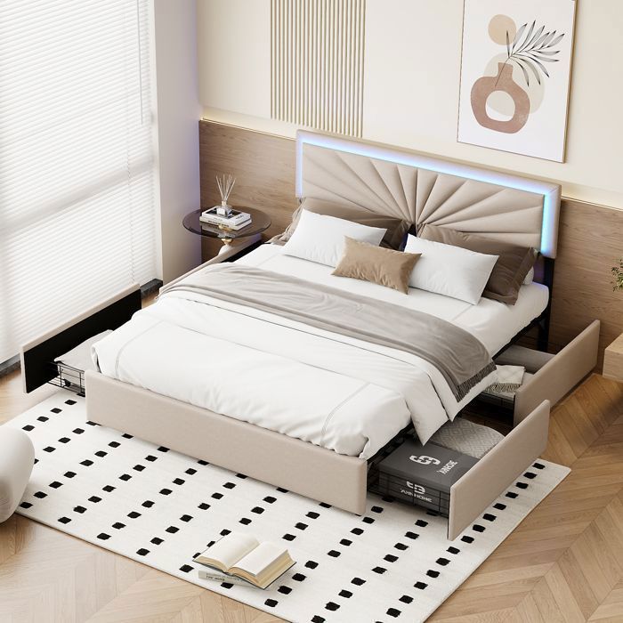 Lit Rembourré 160 x 200 cm avec LED Lit Double Capitonné avec 4 Tiroirs Lit Rangement Tête de Réglable en Hauteur Beige