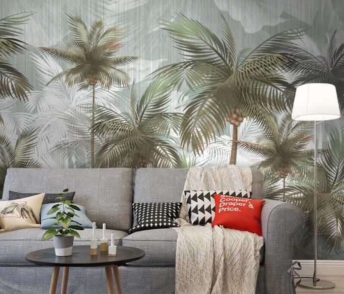 Papier Peint Panoramique 3D palmier vert rétro tropical feuilles ...