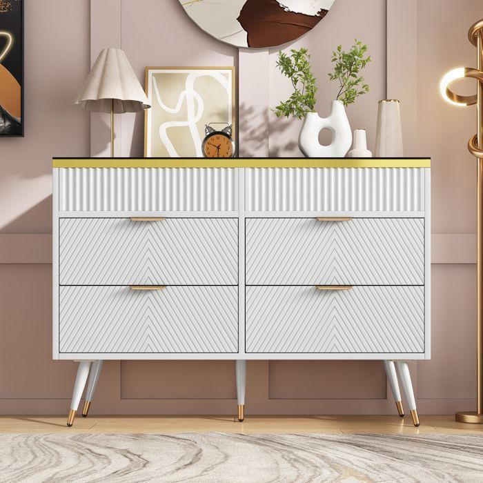 Commode Moderne 6 Tiroirs Blanche avec Finition Verre Ambré Meuble de Rangement pour Chambre Salon 120 x 40 x 76 cm