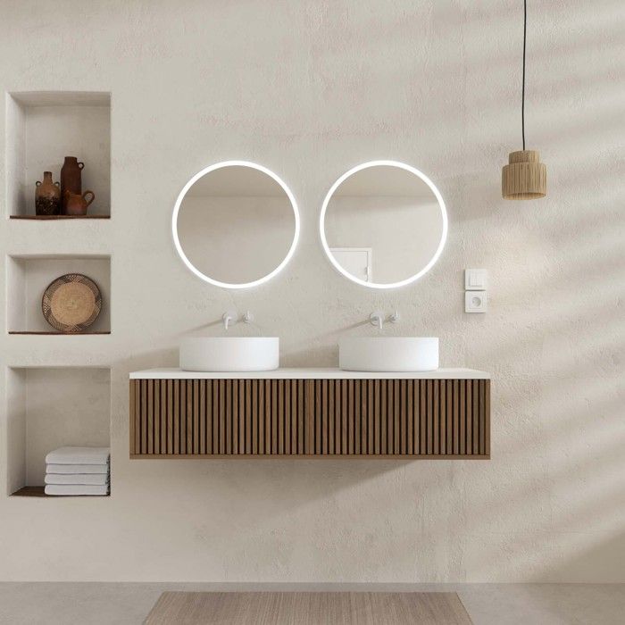 Meuble Salle de Bains 120 2 Tiroirs Décor Chêne et Noir - Vasques et Plan Blancs - Miroirs LED 50