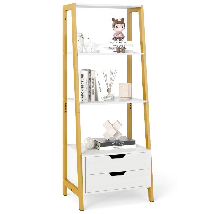 COSTWAY Bibliothèque Échelle Autoportante 134 CM avec 4 Étagères Ouvertes 2 Tiroirs pour Chambre Salon Bureau Blanc et Or