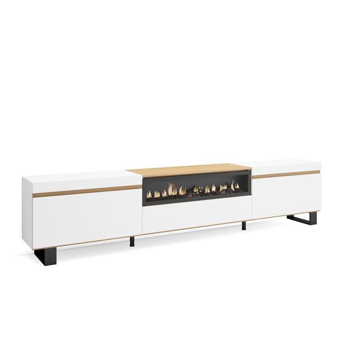 Meuble TV Banc Télé 260x57x35 cm TV grand format Cheminée électrique Design industriel Blanc et Chêne Soft RF3792 Meuble TV Banc Télé 260x57x35 cm TV grand format Cheminée électrique Design industriel Blanc et Chêne Soft RF3792