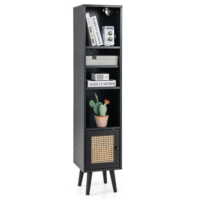 COSTWAY Meuble Colonne de Salle de Bain avec Porte Rotin et Pieds en Bois Massif Étagère Réglable pour Salon Cuisine Noir