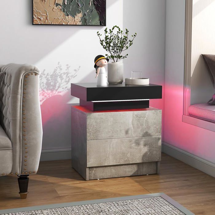 Lemonbest Table de Chevet Haute Brillance avec Éclairage Lumières LED Table de Nuit 2 Tiroirs Gris Texture Marbre Table d’Appoint
