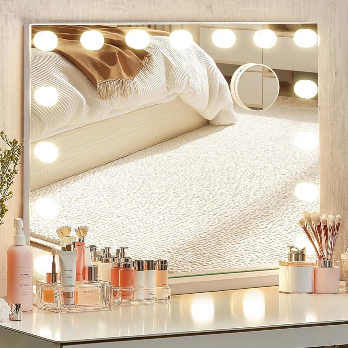 Miroir De Maquillage LED Avec Lumière Hollywood - 3 Couleurs, Intensité Réglable, Rotation 360°, Recharge USB, 30x25 Cm