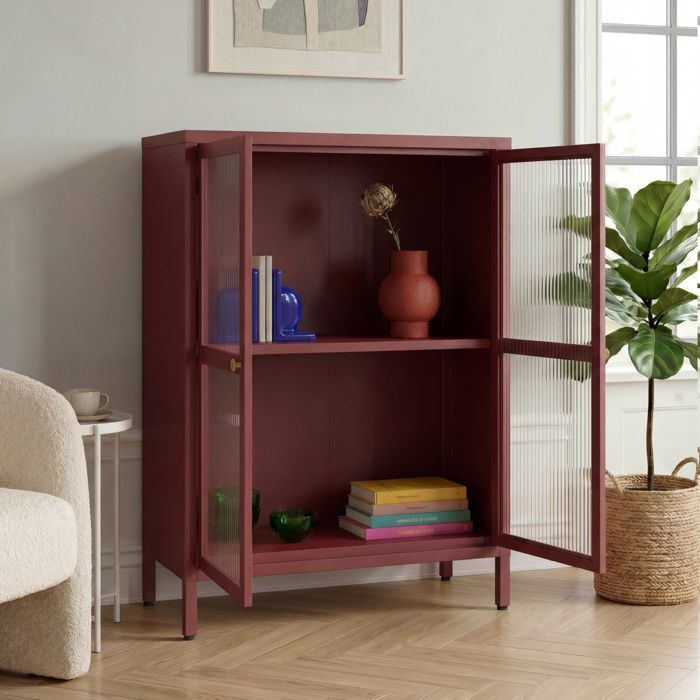 Buffet Säkylä acier verre strié 84 x 64 x 35 cm rouge bordeaux _x000D_ Buffet Säkylä acier verre strié 84 x 64 x 35 cm rouge bordeaux _x000D_