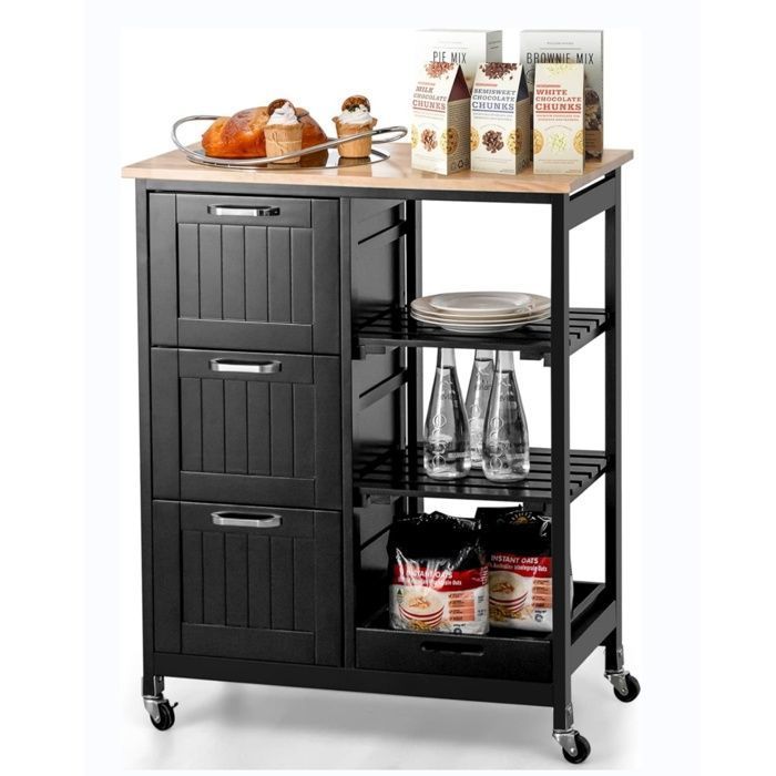 GIANTEX Desserte de Cuisine à Roulettes-3 Tiroirs-2 Étagères ouvertes-Plateau Amovibles-Comptoir en Bois dHévéa-67x37x83 5cm-Noir GIANTEX Desserte de Cuisine à Roulettes-3 Tiroirs-2 Étagères ouvertes-Plateau Amovibles-Comptoir en Bois dHévéa-67x37x83 5cm-Noir