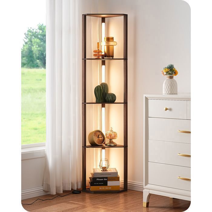 EDISHINE Lampadaire LED sur Pied Salon avec Étagères 3 Températures de Couleur Dimmable Brun Foncé Interrupteur à Pédale