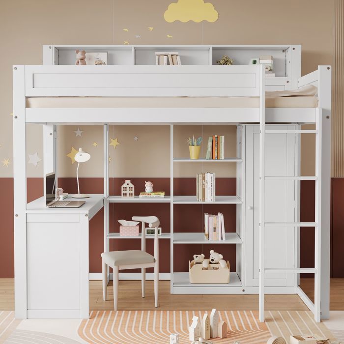 Lit superposé enfant 90x200 cm avec Bureau et Armoire Intégrés Lit mezzanine avec 4 Étagères et Échelle Sécurité 4 Côtés Blanc