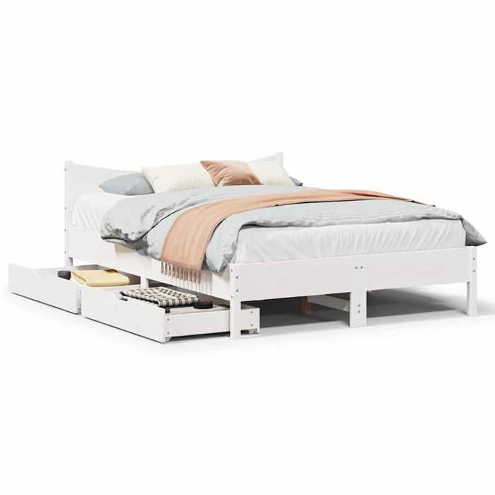 Cadre de lit Double - sans matelas - avec tiroirs blanc 120x190 cm - bois pin massif - 1955x1255x74 cm 8370646