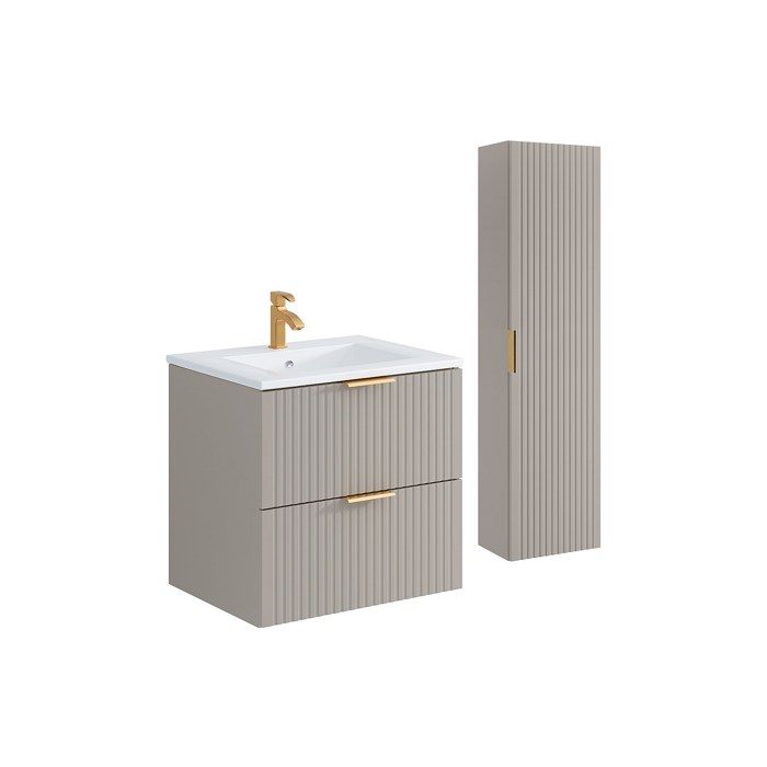 Meuble de salle de bain strié avec vasque à encastrer et colonne - Coloris beige - 60 cm - ZEVARA