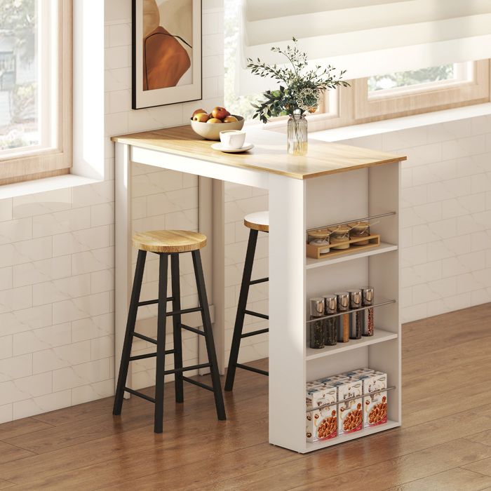 Table de bar table haute de cuisine mange-debout comptoir dim. 112L x 57l x 106H cm 3 étagères aspect chêne clair blanc