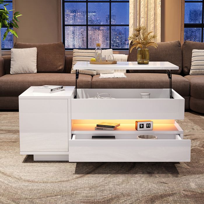 Table basse relevable 1 tiroir + 1 armoire LED rangement caché Blanche 95 x 50 x 34 5 cm Table basse relevable 1 tiroir + 1 armoire LED rangement caché Blanche 95 x 50 x 34 5 cm