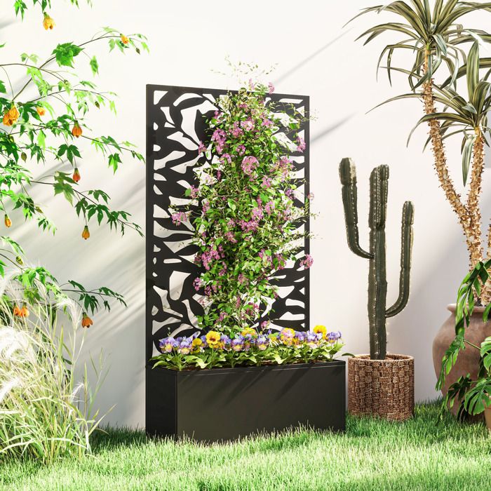 Jardinière balcon avec treillis bac à fleurs rectangulaire grande taille panneau dintimité métal 61x23x113 cm noir