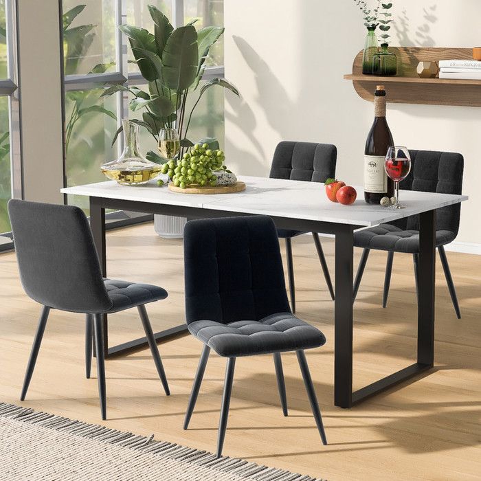 Table de cuisine avec 4 chaises table 140/180×80×75 cm ensemble table plateau en MDF blanc chaises en velours gris