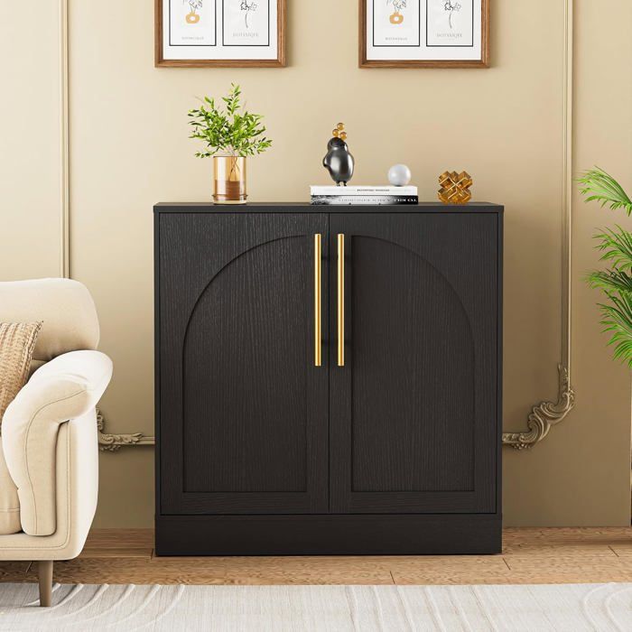 GOOBUY Buffet Bas à 2 Portes Meuble de Rangement avec Manche en Métal Doré Porte à Motif en Arc Support 50kg 80x40x78cm Noir